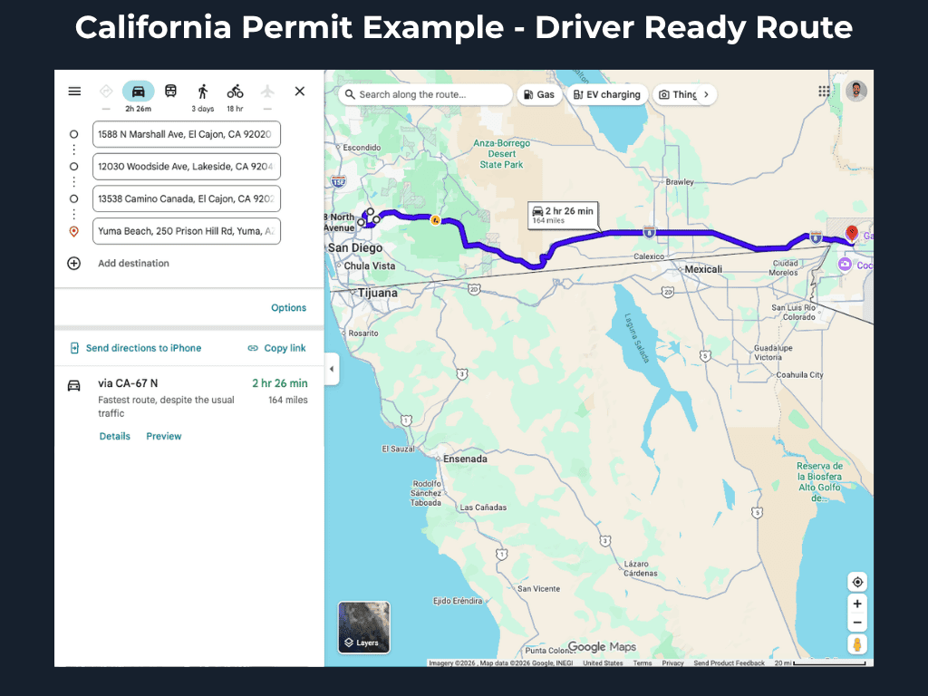 California driver-ready route from El Cajon to Yuma shown in Google Maps