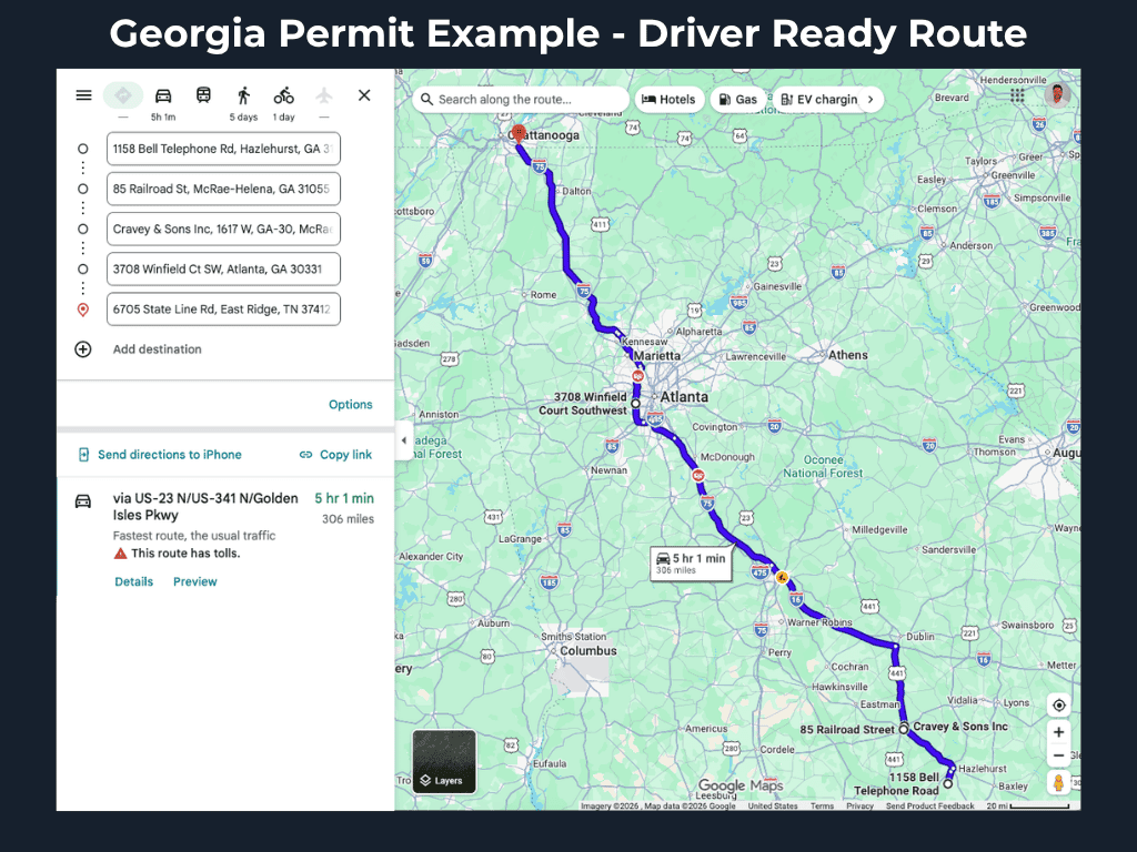 Georgia driver-ready route from Hazlehurst to the Tennessee state line shown in Google Maps