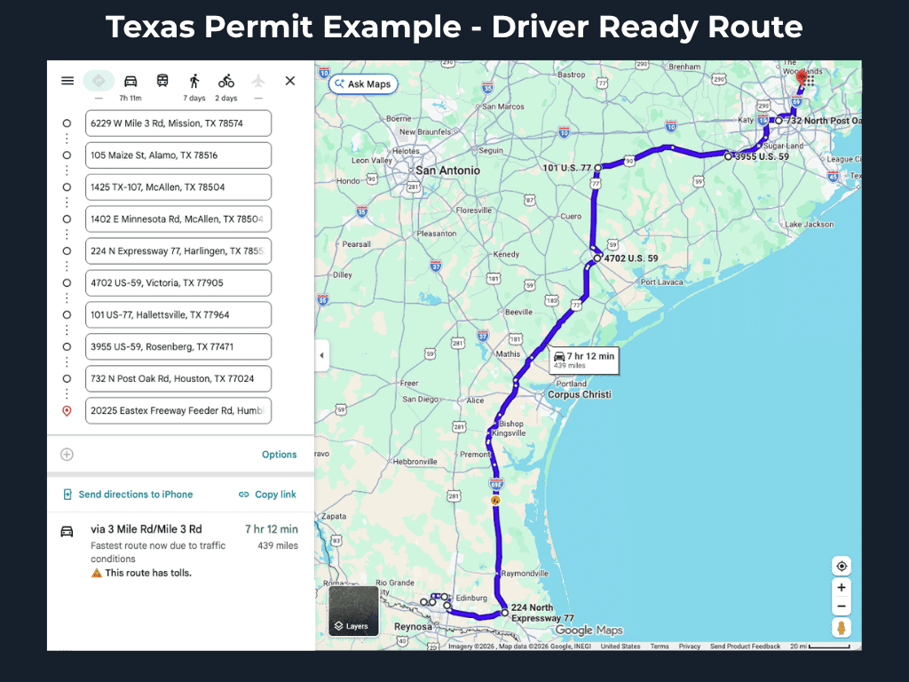 Texas driver-ready route from Mission to Humble shown in Google Maps